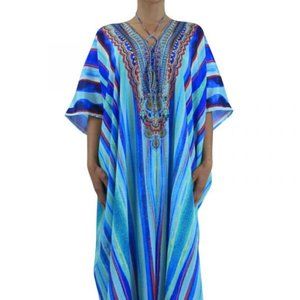 NEW Shahida Parides Maxi Blue Kaftan Beaded Striped dress Convertible #859